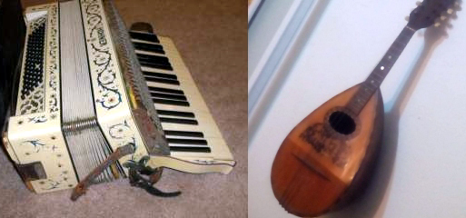 Piano accordion similar to the one in my childhood and the Mandolin which I still own today